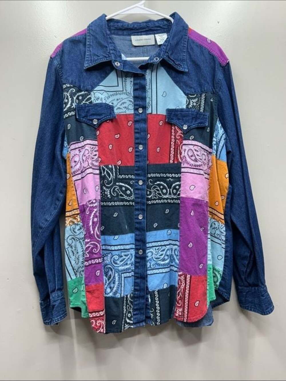 VTG Lemon Grass Patchwork Bandana Pearl-Snap Shirt - Multicolor Denim Trim